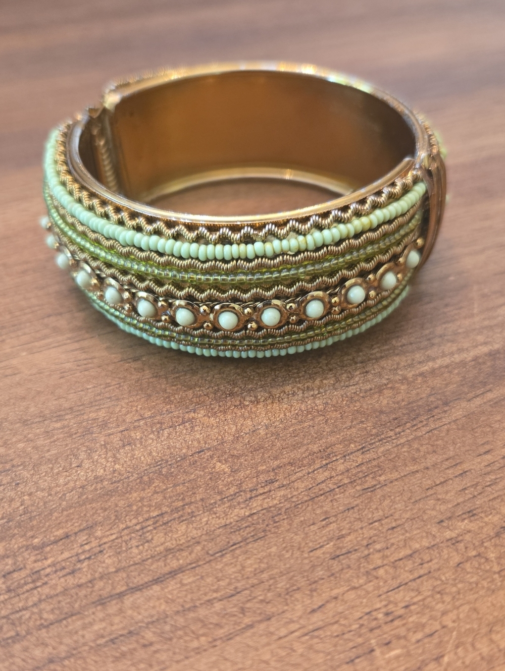 1990 Vintage Handcrafted Mint Beaded Gold-Tone Cuff Bracelet